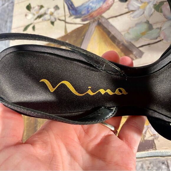 Nina Black Satin Rhinestone Stilettos Open Toe Evening Wear Womens Size 6 - Picture 8 of 10